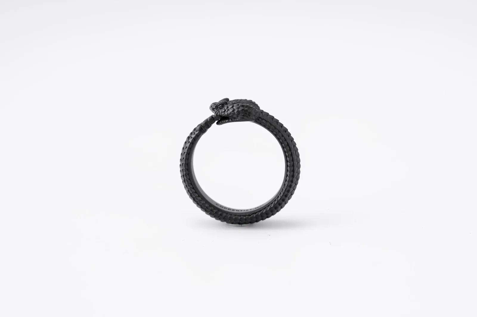 Elegant black Ouroboros snake ring featuring minimalist design on white background.